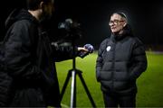 17 February 2024; Finn Harps manager Darren Murphy is interviewed after the SSE Airtricity Men's First Division match between Longford Town and Finn Harps at Bishopsgate in Longford. Photo by Stephen McCarthy/Sportsfile