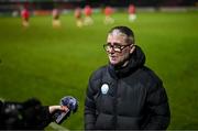 17 February 2024; Finn Harps manager Darren Murphy is interviewed after the SSE Airtricity Men's First Division match between Longford Town and Finn Harps at Bishopsgate in Longford. Photo by Stephen McCarthy/Sportsfile