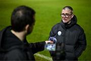 17 February 2024; Finn Harps manager Darren Murphy is interviewed after the SSE Airtricity Men's First Division match between Longford Town and Finn Harps at Bishopsgate in Longford. Photo by Stephen McCarthy/Sportsfile