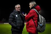 17 February 2024; Finn Harps manager Darren Murphy speaks to Kieran Burke after the SSE Airtricity Men's First Division match between Longford Town and Finn Harps at Bishopsgate in Longford. Photo by Stephen McCarthy/Sportsfile