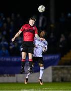 17 February 2024; Kyle O'Connor of Longford Town in action against Mark Mbuli of Finn Harps during the SSE Airtricity Men's First Division match between Longford Town and Finn Harps at Bishopsgate in Longford. Photo by Stephen McCarthy/Sportsfile
