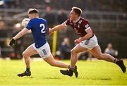 18 February 2024; Tom Moran of Wicklow is tackled by Conor Dillon of Westmeath during the Allianz Football League Division 3 match between Wicklow and Westmeath at Echelon Park in Aughrim, Wicklow. Photo by Ray McManus/Sportsfile