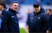17 February 2024; Dublin Media Officer Séamus McCormack, left, and Dublin manager Dessie Farrell before the Allianz Football League Division 1 match between Dublin and Roscommon at Croke Park in Dublin. Photo by Ray McManus/Sportsfile
