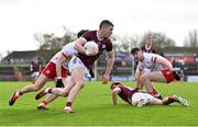 18 February 2024; Johnny Heaney of Galway in action against Niall Devlin of Tyrone during the Allianz Football League Division 1 match between Tyrone and Galway at O'Neills Healy Park in Omagh, Tyrone. Photo by Ramsey Cardy/Sportsfile