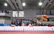 18 February 2024; Laura Frawley of Nenagh Olympic AC, Tipperary, competing in the senior women's long jump during day two of the 123.ie National Senior Indoor Championships at the Sport Ireland National Indoor Arena in Dublin. Photo by Tyler Miller/Sportsfile