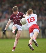 18 February 2024; Peter Harte of Tyrone blocks a shot from Liam Ó Conghaile of Galway during the Allianz Football League Division 1 match between Tyrone and Galway at O'Neills Healy Park in Omagh, Tyrone. Photo by Ramsey Cardy/Sportsfile