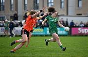 18 February 2024; Emma Duggan of Meath in action against Caroline O'Hanlon of Armagh during the Lidl LGFA National League Division 1 Round 4 match between Meath and Armagh at Donaghmore Ashbourne GAA Club in Ashbourne, Meath. Photo by Seb Daly/Sportsfile