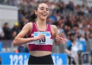 18 February 2024; Claire Fagan of Mullingar Harriers AC, Westmeath celebrates after finishing first in the senior women's 3000m final during day two of the 123.ie National Senior Indoor Championships at the Sport Ireland National Indoor Arena in Dublin. Photo by Tyler Miller/Sportsfile