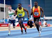 18 February 2024; Israel Olatunde of Tallaght AC, Dublin, left, competing in the senior men's 60m semi-final during day two of the 123.ie National Senior Indoor Championships at the Sport Ireland National Indoor Arena in Dublin. Photo by Tyler Miller/Sportsfile