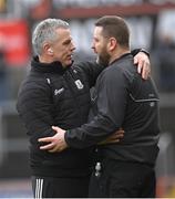 18 February 2024; Galway manager Pádraic Joyce celebrates with coach Cian O'Neill after the Allianz Football League Division 1 match between Tyrone and Galway at O'Neills Healy Park in Omagh, Tyrone. Photo by Ramsey Cardy/Sportsfile