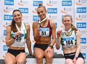 18 February 2024; Sharlene Mawdsley of Newport AC, Tipperary, poses for a photograph with her senior women's 400m gold medal alongside silver medalist Sophie Becker of Raheny Shamrock AC, Dublin, left, and bronze medalist Roisin Harrison of Emerald AC, Limerick, after the senior women's 400m during day two of the 123.ie National Senior Indoor Championships at the Sport Ireland National Indoor Arena in Dublin. Photo by Tyler Miller/Sportsfile