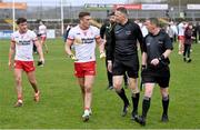 18 February 2024; Conn Kilpatrick of Tyrone appeals to referee Joe McQuillan after the Allianz Football League Division 1 match between Tyrone and Galway at O'Neills Healy Park in Omagh, Tyrone. Photo by Ramsey Cardy/Sportsfile