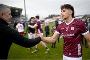 18 February 2024; Seán Fitzgerald of Galway and Galway manager Pádraic Joyce after the Allianz Football League Division 1 match between Tyrone and Galway at O'Neills Healy Park in Omagh, Tyrone. Photo by Ramsey Cardy/Sportsfile