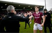 18 February 2024; Robert Finnerty of Galway and Galway manager Pádraic Joyce after the Allianz Football League Division 1 match between Tyrone and Galway at O'Neills Healy Park in Omagh, Tyrone. Photo by Ramsey Cardy/Sportsfile