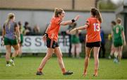 18 February 2024; Armagh players Caroline O'Hanlon, left, and Aimee Mackin after their side's victory in the Lidl LGFA National League Division 1 Round 4 match between Meath and Armagh at Donaghmore Ashbourne GAA Club in Ashbourne, Meath. Photo by Seb Daly/Sportsfile