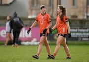 18 February 2024; Armagh players Niamh Coleman, left, and Clodagh McCambridge after their side's victory in the Lidl LGFA National League Division 1 Round 4 match between Meath and Armagh at Donaghmore Ashbourne GAA Club in Ashbourne, Meath. Photo by Seb Daly/Sportsfile