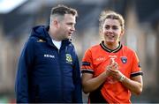 18 February 2024; Meath manager Shane McCormack and Armagh captain Clodagh McCambridge after the Lidl LGFA National League Division 1 Round 4 match between Meath and Armagh at Donaghmore Ashbourne GAA Club in Ashbourne, Meath. Photo by Seb Daly/Sportsfile