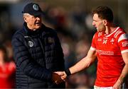 18 February 2024; Sam Mulroy of Louth with Meath manager Colm O’Rourke after the Allianz Football League Division 2 match between Meath and Louth at Páirc Tailteann in Navan, Meath. Photo by Ben McShane/Sportsfile