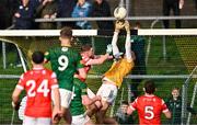 18 February 2024; Meath goalkeeper Sean Brennan saves a late point attempt during the Allianz Football League Division 2 match between Meath and Louth at Páirc Tailteann in Navan, Meath. Photo by Ben McShane/Sportsfile