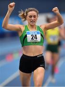 18 February 2024; Carla Sweeney of Rathfarnham WSAF AC, Dublin, celebrates after winning the senior women's 1500m final during day two of the 123.ie National Senior Indoor Championships at the Sport Ireland National Indoor Arena in Dublin. Photo by Tyler Miller/Sportsfile