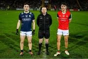 17 February 2024; Referee Derek O'Mahoney with team captains, Paudie Clifford of Kerry, left, and Tommy Conroy of Mayo before the Allianz Football League Division 1 match between Kerry and Mayo at Austin Stack Park in Tralee, Kerry. Photo by Brendan Moran/Sportsfile