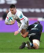 18 February 2024; Jake Flannery of Ulster is tackled by Justin Tipuric of Ospreys during the United Rugby Championship match between Ospreys and Ulster at Swansea.com Stadium in Swansea, Wales. Photo by Gareth Everett/Sportsfile
