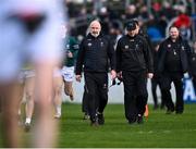 18 February 2024; Kildare manager Glenn Ryan and his selector Anthony Rainbow, right, make their way off the pitch at half-time during the Allianz Football League Division 2 match between Kildare and Armagh at Netwatch Cullen Park in Carlow. Photo by Piaras Ó Mídheach/Sportsfile
