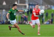 18 February 2024; Conall McKeever of Louth in action against Ciaran Caulfield of Meath during the Allianz Football League Division 2 match between Meath and Louth at Páirc Tailteann in Navan, Meath. Photo by Shauna Clinton/Sportsfile