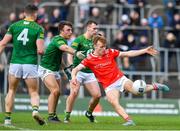 18 February 2024; Ciaran Keenan of Louth in action against Sean Coffey, left, and Darragh Campion of Meath during the Allianz Football League Division 2 match between Meath and Louth at Páirc Tailteann in Navan, Meath. Photo by Shauna Clinton/Sportsfile
