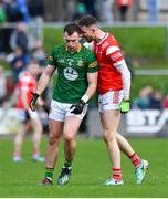18 February 2024; Ciaran Downey of Louth yells at Darragh Campion of Meath during the Allianz Football League Division 2 match between Meath and Louth at Páirc Tailteann in Navan, Meath. Photo by Shauna Clinton/Sportsfile