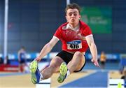 18 February 2024; Michael Kent of DMP AC, Wexford, competing in the senior men's long jump during day two of the 123.ie National Senior Indoor Championships at the Sport Ireland National Indoor Arena in Dublin. Photo by Tyler Miller/Sportsfile