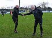 18 February 2024; Kildare manager Glenn Ryan, right, shakes hands with Armagh coach Kieran Donaghy after the Allianz Football League Division 2 match between Kildare and Armagh at Netwatch Cullen Park in Carlow. Photo by Piaras Ó Mídheach/Sportsfile