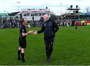18 February 2024; Kildare manager Glenn Ryan in conversation with referee David Coldrick after the Allianz Football League Division 2 match between Kildare and Armagh at Netwatch Cullen Park in Carlow. Photo by Piaras Ó Mídheach/Sportsfile