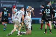 18 February 2024; Jake Flannery and Nick Timoney of Ulster react after Dan Edwards of Ospreys scored a last minute drop goal during the United Rugby Championship match between Ospreys and Ulster at Swansea.com Stadium in Swansea, Wales. Photo by Gareth Everett/Sportsfile