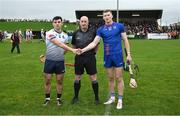 17 February 2024; Refree John Keenan with captains Darragh Lohan of University of Limerick, left, and Colin O’Brien of MICL before the Electric Ireland Higher Education GAA Fitzgibbon Cup final match between University of Limerick and Mary Immaculate College at Tom Healy Park in Abbeydorney, Kerry. Photo by Brendan Moran/Sportsfile