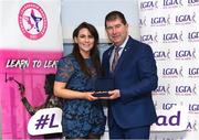 17 February 2024; Pictured at the Learn to Lead LGFA Female Leadership Programme graduation ceremony at The Bonnington Hotel in Dublin is Mairéad Uí Éalaithe from Ballyboden Wanderers, Co Dublin, with Ladies Gaelic Football Association President, Mícheál Naughton. The Learn to Lead programme was devised to develop the next generation of leaders within Ladies Gaelic Football. Photo by Matt Browne/Sportsfile