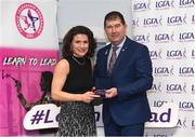 17 February 2024; Pictured at the Learn to Lead LGFA Female Leadership Programme graduation ceremony at The Bonnington Hotel in Dublin is Celine Fee from St. Dominic’s, Co Roscommon, with Ladies Gaelic Football Association President, Mícheál Naughton. The Learn to Lead programme was devised to develop the next generation of leaders within Ladies Gaelic Football. Photo by Matt Browne/Sportsfile