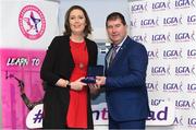 17 February 2024; Pictured at the Learn to Lead LGFA Female Leadership Programme graduation ceremony at The Bonnington Hotel in Dublin is Ella Nic an tSionnaigh from Na Gael Aeracha, Co Dublin, with Ladies Gaelic Football Association President, Mícheál Naughton. The Learn to Lead programme was devised to develop the next generation of leaders within Ladies Gaelic Football. Photo by Matt Browne/Sportsfile