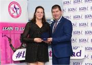 17 February 2024; Pictured at the Learn to Lead LGFA Female Leadership Programme graduation ceremony at The Bonnington Hotel in Dublin is Emma Dunne from St Fechins, Co Louth, with Ladies Gaelic Football Association President, Mícheál Naughton. The Learn to Lead programme was devised to develop the next generation of leaders within Ladies Gaelic Football. Photo by Matt Browne/Sportsfile