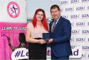 17 February 2024; Pictured at the Learn to Lead LGFA Female Leadership Programme graduation ceremony at The Bonnington Hotel in Dublin is Janey McCauley from Moville, Co Donegal, with Ladies Gaelic Football Association President, Mícheál Naughton. The Learn to Lead programme was devised to develop the next generation of leaders within Ladies Gaelic Football. Photo by Matt Browne/Sportsfile
