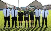 18 February 2024; Referee Eddie Cuthbert with assistant referees and umpires before the Lidl LGFA National League Division 1 Round 4 match between Meath and Armagh at Donaghmore Ashbourne GAA Club in Ashbourne, Meath. Photo by Seb Daly/Sportsfile