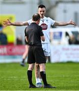 18 February 2024; Eoin Doyle of Kildare in conversation with referee David Coldrick during the Allianz Football League Division 2 match between Kildare and Armagh at Netwatch Cullen Park in Carlow. Photo by Piaras Ó Mídheach/Sportsfile