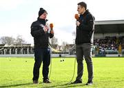18 February 2024; Marcus Ó Buachalla, left, and Charlie Vernon of TG4 before the Allianz Football League Division 2 match between Kildare and Armagh at Netwatch Cullen Park in Carlow. Photo by Piaras Ó Mídheach/Sportsfile