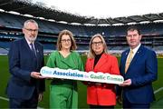 20 February 2024; In attendance during the media update on the integration process involving the Camogie Association, the GAA and LGFA, are, from left, Uachtarán Chumann Lúthchleas Gael Larry McCarthy, Camogie Association President, Hilda Breslin, Steering Committee Chairperson Mary McAleese and Uachtarán Cumann Peil Gael na mBan, Mícheál Naughton at Croke Park in Dublin. Photo by Sam Barnes/Sportsfile