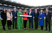 20 February 2024; In attendance during the media update on the integration process involving the Camogie Association, the GAA and LGFA, are, from left, Camogie Association Chief Executive Officer Sinead McNulty, Project Coordinator Aoibhe Dunne, Uachtarán Chumann Lúthchleas Gael Larry McCarthy, Camogie Association President Hilda Breslin, Steering Committee Chairperson Mary McAleese, Uachtarán Cumann Peil Gael na mBan Mícheál Naughton, Ard Stiúrthóir of the GAA Tom Ryan, LGFA Chief Executive Officer Helen O'Rourke and Project Manager Mark Doran at Croke Park in Dublin. Photo by Sam Barnes/Sportsfile