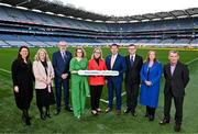 20 February 2024; In attendance during the media update on the integration process involving the Camogie Association, the GAA and LGFA, are, from left, Camogie Association Chief Executive Officer Sinead McNulty, Project Coordinator Aoibhe Dunne, Uachtarán Chumann Lúthchleas Gael Larry McCarthy, Camogie Association President Hilda Breslin, Steering Committee Chairperson Mary McAleese, Uachtarán Cumann Peil Gael na mBan Mícheál Naughton, Ard Stiúrthóir of the GAA Tom Ryan, LGFA Chief Executive Officer Helen O'Rourke and Project Manager Mark Doran at Croke Park in Dublin. Photo by Sam Barnes/Sportsfile