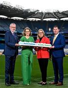 20 February 2024; In attendance during the media update on the integration process involving the Camogie Association, the GAA and LGFA, are, from left, Uachtarán Chumann Lúthchleas Gael Larry McCarthy, Camogie Association President, Hilda Breslin, Steering Committee Chairperson Mary McAleese and Uachtarán Cumann Peil Gael na mBan, Mícheál Naughton at Croke Park in Dublin. Photo by Sam Barnes/Sportsfile