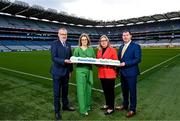 20 February 2024; In attendance during the media update on the integration process involving the Camogie Association, the GAA and LGFA, are, from left, Uachtarán Chumann Lúthchleas Gael Larry McCarthy, Camogie Association President, Hilda Breslin, Steering Committee Chairperson Mary McAleese and Uachtarán Cumann Peil Gael na mBan, Mícheál Naughton at Croke Park in Dublin. Photo by Sam Barnes/Sportsfile