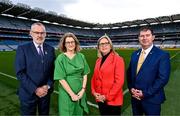 20 February 2024; In attendance during the media update on the integration process involving the Camogie Association, the GAA and LGFA, are, from left, Uachtarán Chumann Lúthchleas Gael Larry McCarthy, Camogie Association President, Hilda Breslin, Steering Committee Chairperson Mary McAleese and Uachtarán Cumann Peil Gael na mBan, Mícheál Naughton at Croke Park in Dublin. Photo by Sam Barnes/Sportsfile