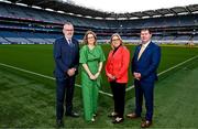 20 February 2024; In attendance during the media update on the integration process involving the Camogie Association, the GAA and LGFA, are, from left, Uachtarán Chumann Lúthchleas Gael Larry McCarthy, Camogie Association President, Hilda Breslin, Steering Committee Chairperson Mary McAleese and Uachtarán Cumann Peil Gael na mBan, Mícheál Naughton at Croke Park in Dublin. Photo by Sam Barnes/Sportsfile